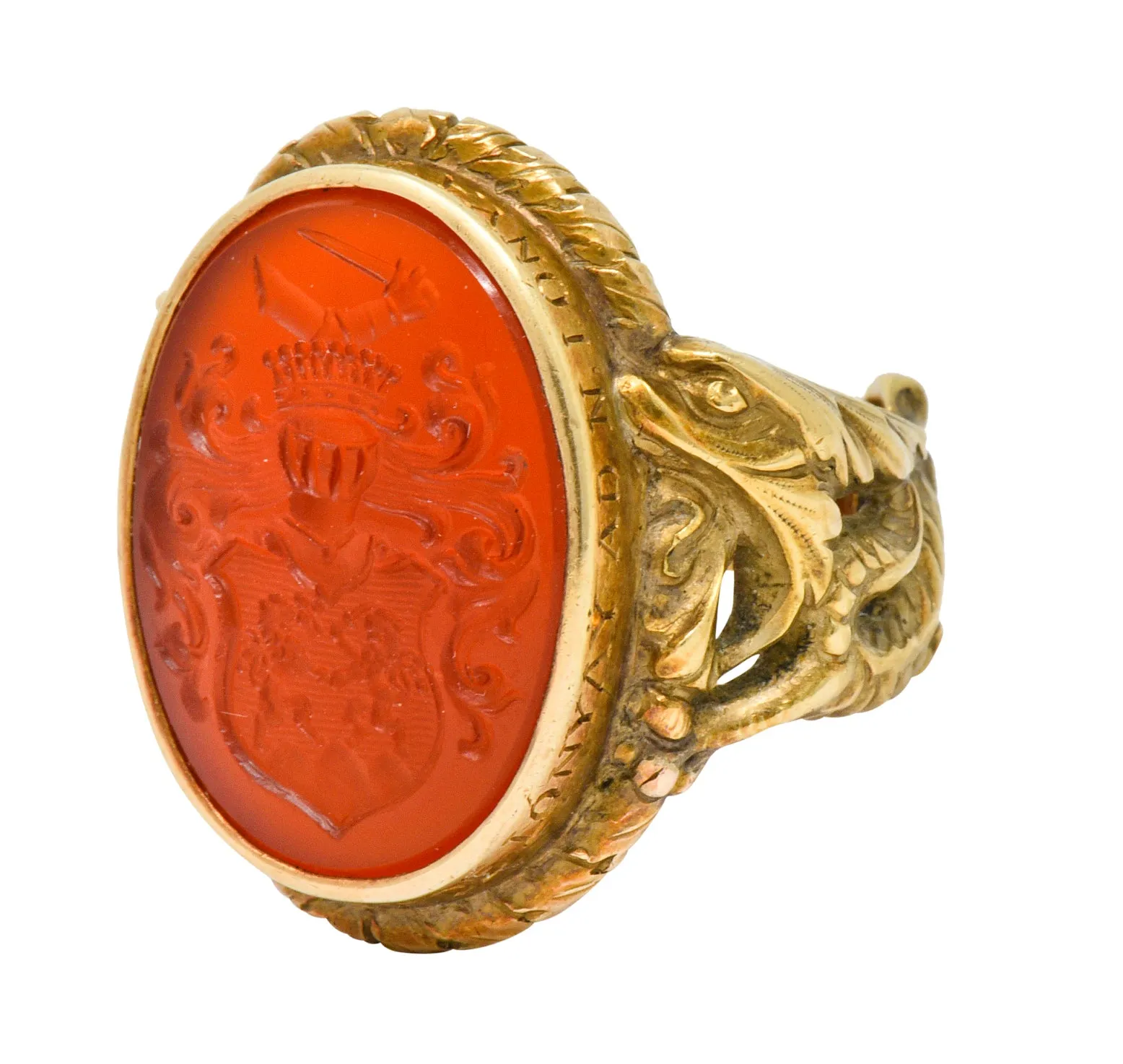 Victorian Carnelian Intaglio 14 Karat Gold Heraldry Men's Dragon Signet Ring