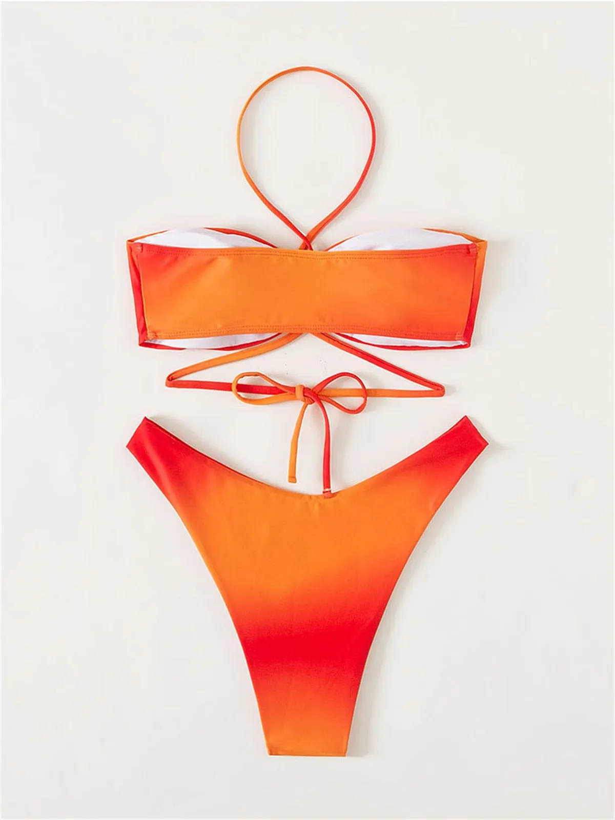 Women's Orange Gradient Halter Bandage Cross Push-Up 3-Piece Bikini Set