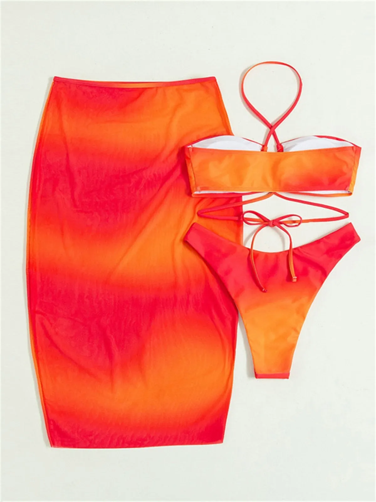 Women's Orange Gradient Halter Bandage Cross Push-Up 3-Piece Bikini Set