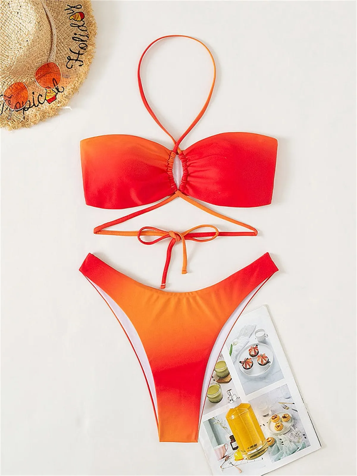 Women's Orange Gradient Halter Bandage Cross Push-Up 3-Piece Bikini Set