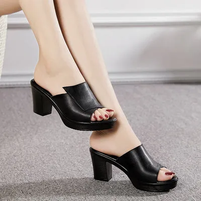 Women's Shallow Fashion Genuine Leather Black Square High Heel Shoes on Clearance