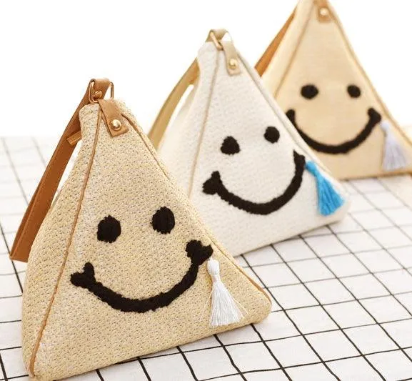 Woven Bag Straw Sling Bag Smiley Face Design